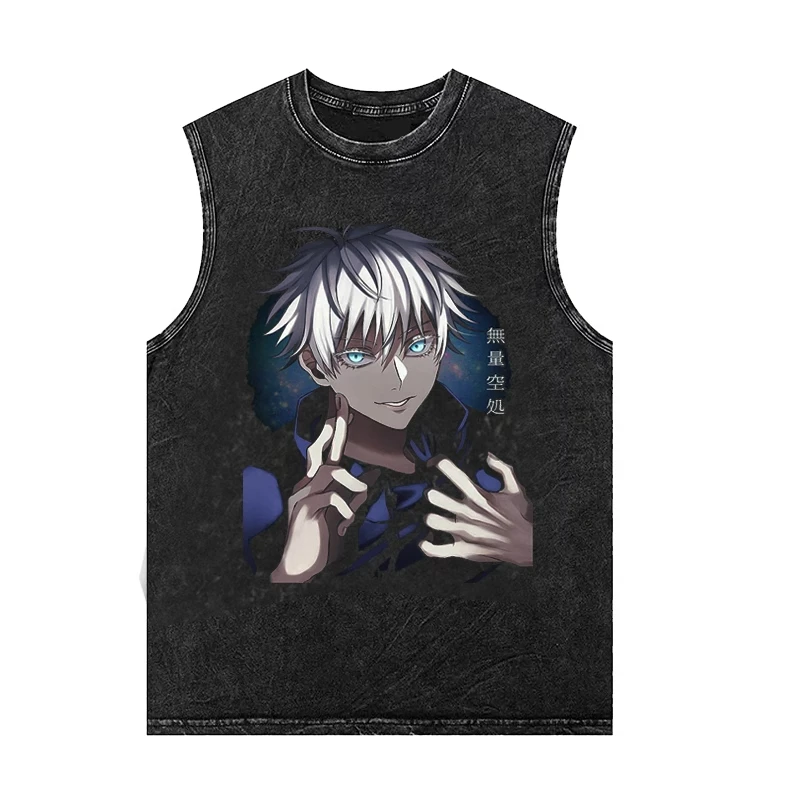 

2026 New Men's Tank Tops Anime Gojo Jujutsu Summer New Women's Gym T Shirt Oversized Vintage Washed Vest Man Sleeveless Shirt