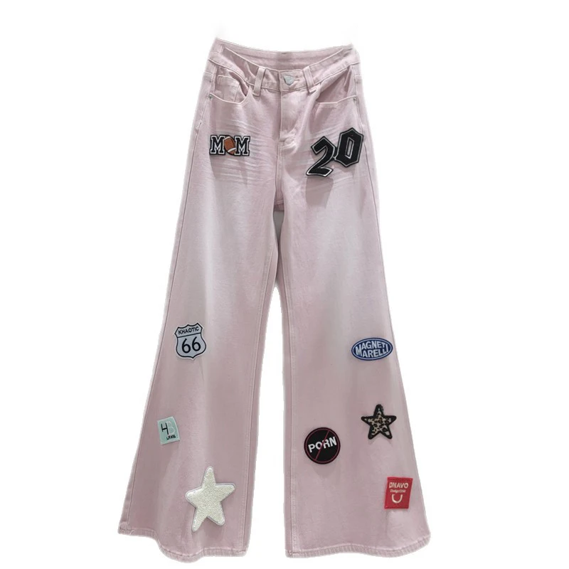 WTHT Trendy Summer 2026 Women Embroidered Patch Badge Straight Denim Pants High-waist Washed Big Pockets Jeans Female 1LS3113