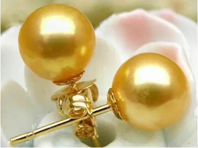 Gorgeous AAA 11-12mm Natural South China Sea Gold Round Pearl Earrings in 14K Gold