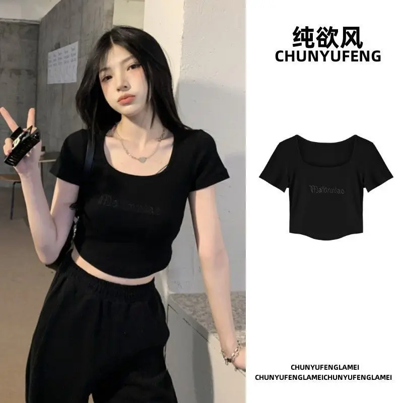 Embroidery Letter T Shirt Crop Top Women Summer 2023 Square Collar Pullovers Woman Short Sleeve Tees Slim Fit Sports Tops Female