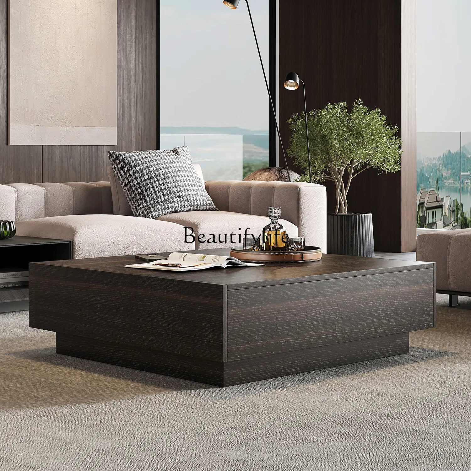 Italian solid wood coffee table light luxury high sense creative minimalist square tea table customization