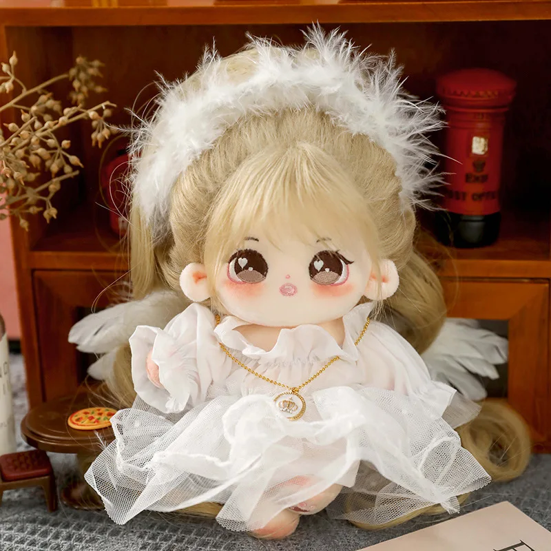 

20cm Kawaii Dress Up Idol Cotton Doll with White Angel Outfit Stuffed Super Star Figure Dolls Can Change Clothes Gift for Kids