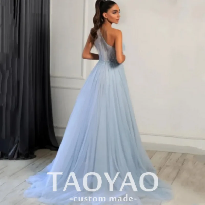 A-line 2024 Sky Blue Prom Dress Tulle One Shoulder Evening Dresses Women Wedding Party Gown Elegant Gowns Prom