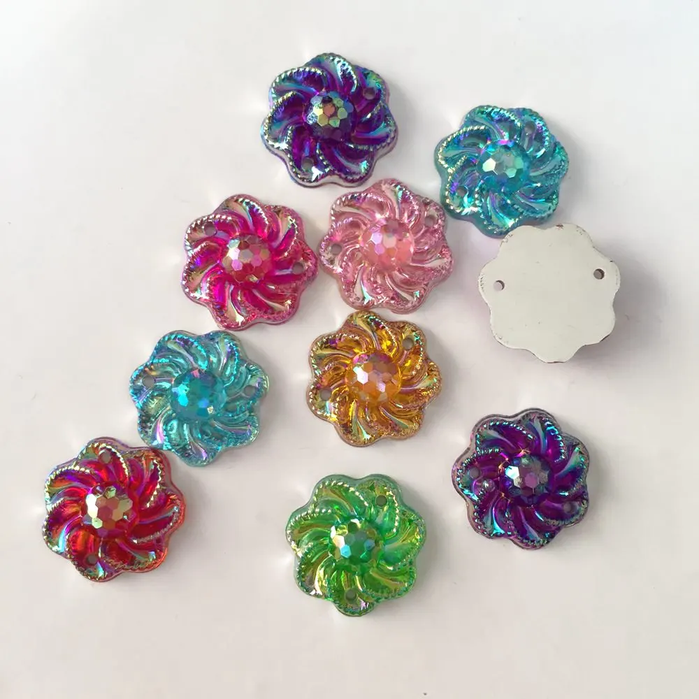 40PCS 15mm AB Resin Flower Rhinestone Flatback Wedding Diy Buttons 2 Hole Crafts Jewelry Accessories K26