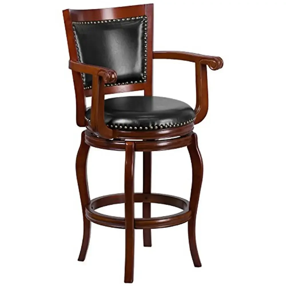 

30" LeatherSoft Barstool with Footrest Ladder Back Design Swivel Seat and Durable Wood Frame Cherry Wood/Black Comfortable &