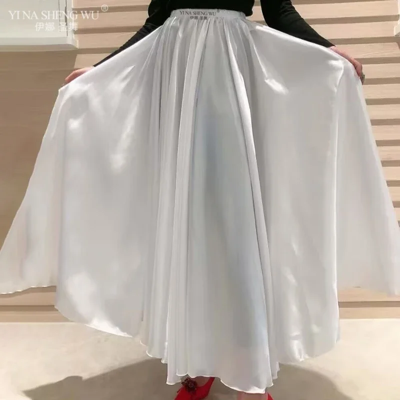 

Длинная испанская юбка из блестящего атласа 90 см, юбка для танцев, юбка для танца живота, солнцезащитная юбка на 360 градусов, танцевальная одежда, 5 цветов в наличии