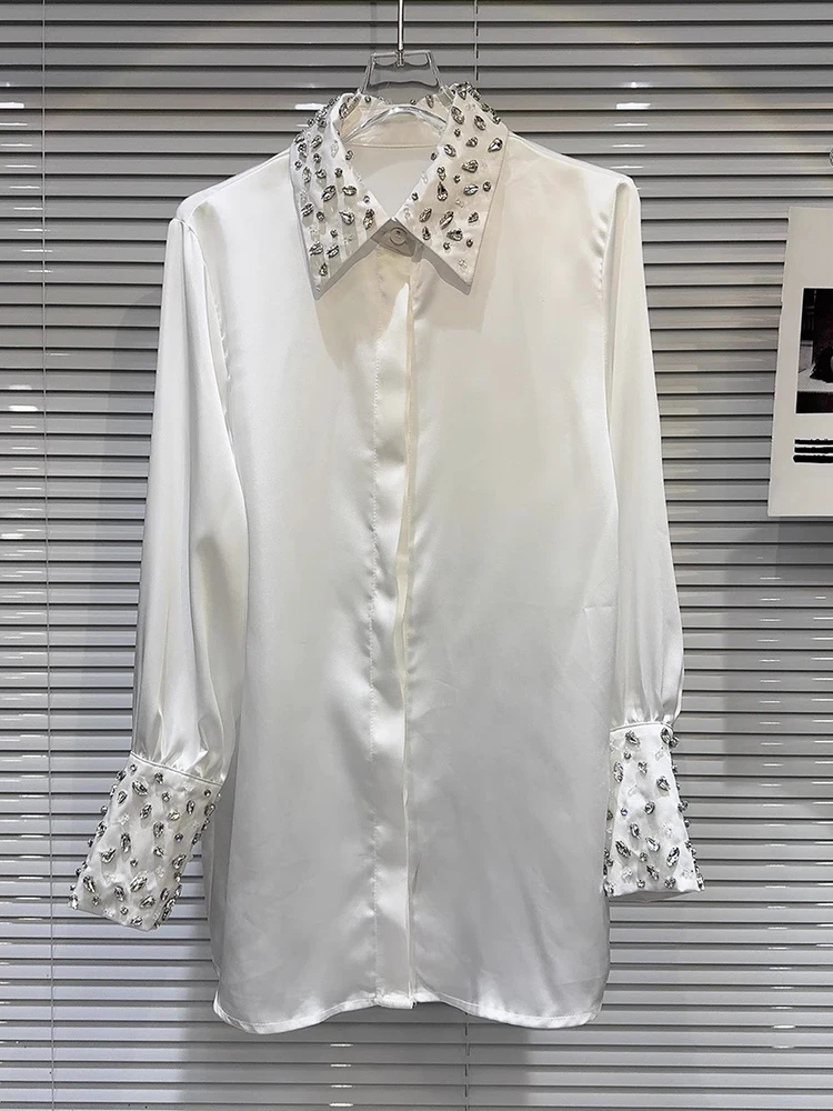 HIGH STREET Newest Fashion 2024 Designer Blouse Women's  Diamonds Beaded Mercerized Mid Length Shirt Shirt