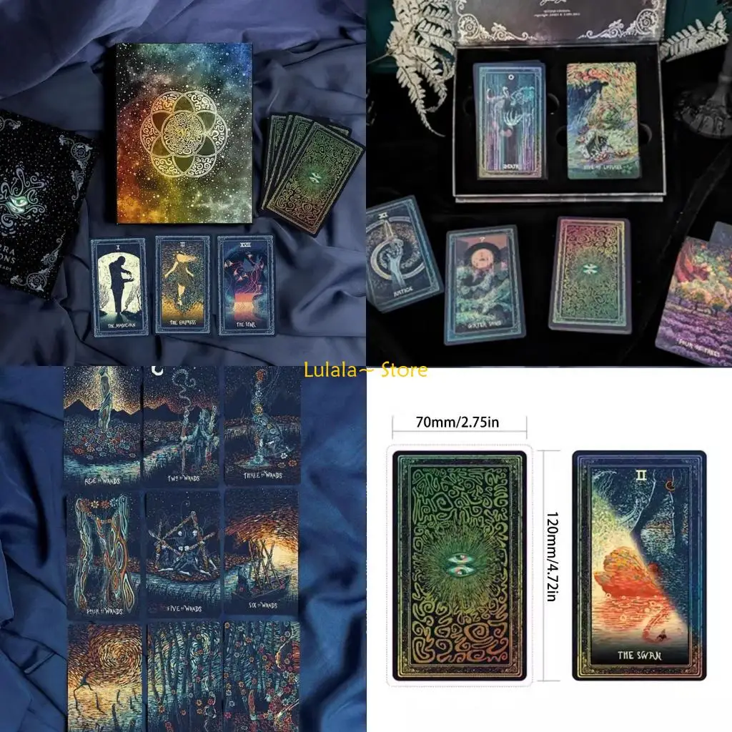 Y4QA – jeu cartes Tarot à lentille, 79 cartes holographiques dynamiques + guide (avec tissu carte étoilée),