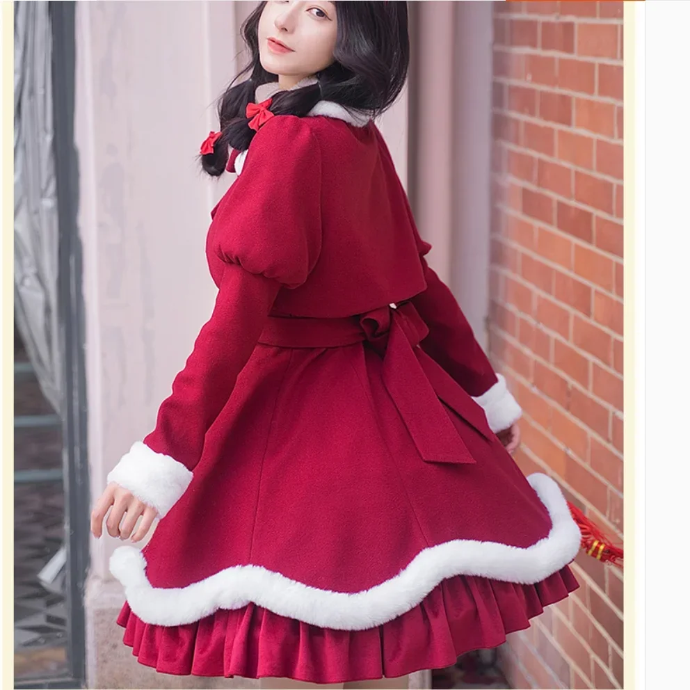 Coalfell Lolita Christmas Clothing War Robe Red Rabbit Fur Coat Autumn and Winter Thick Versatile Lolita Skirt