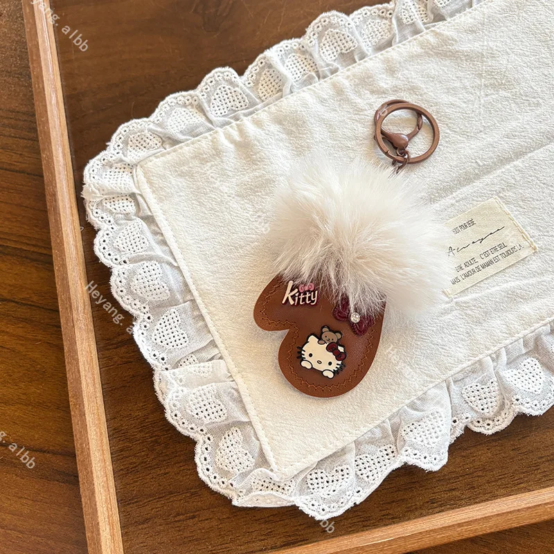 Sanrio Hello Kitty Plush Pu Material Gloves Shape Bow Lobster Clasp Keychain Girl Commuter Bag Decoration Valentine's Day Gift