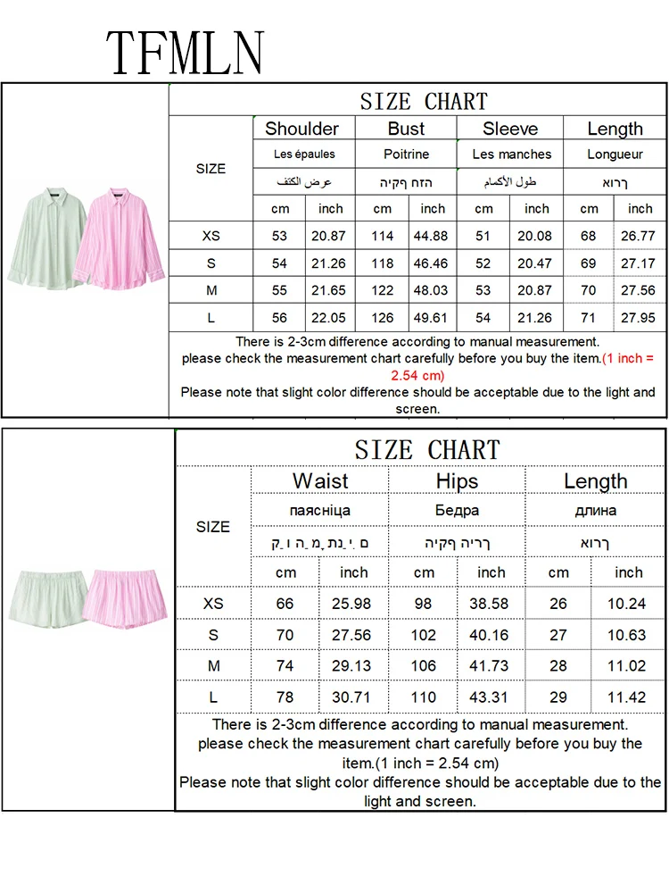 TFMLN 2025 Summer Women Striped Blouse Short Sets Simple Causal Single Breasted Loose Tops Elastic Waist A-line Short Outfits