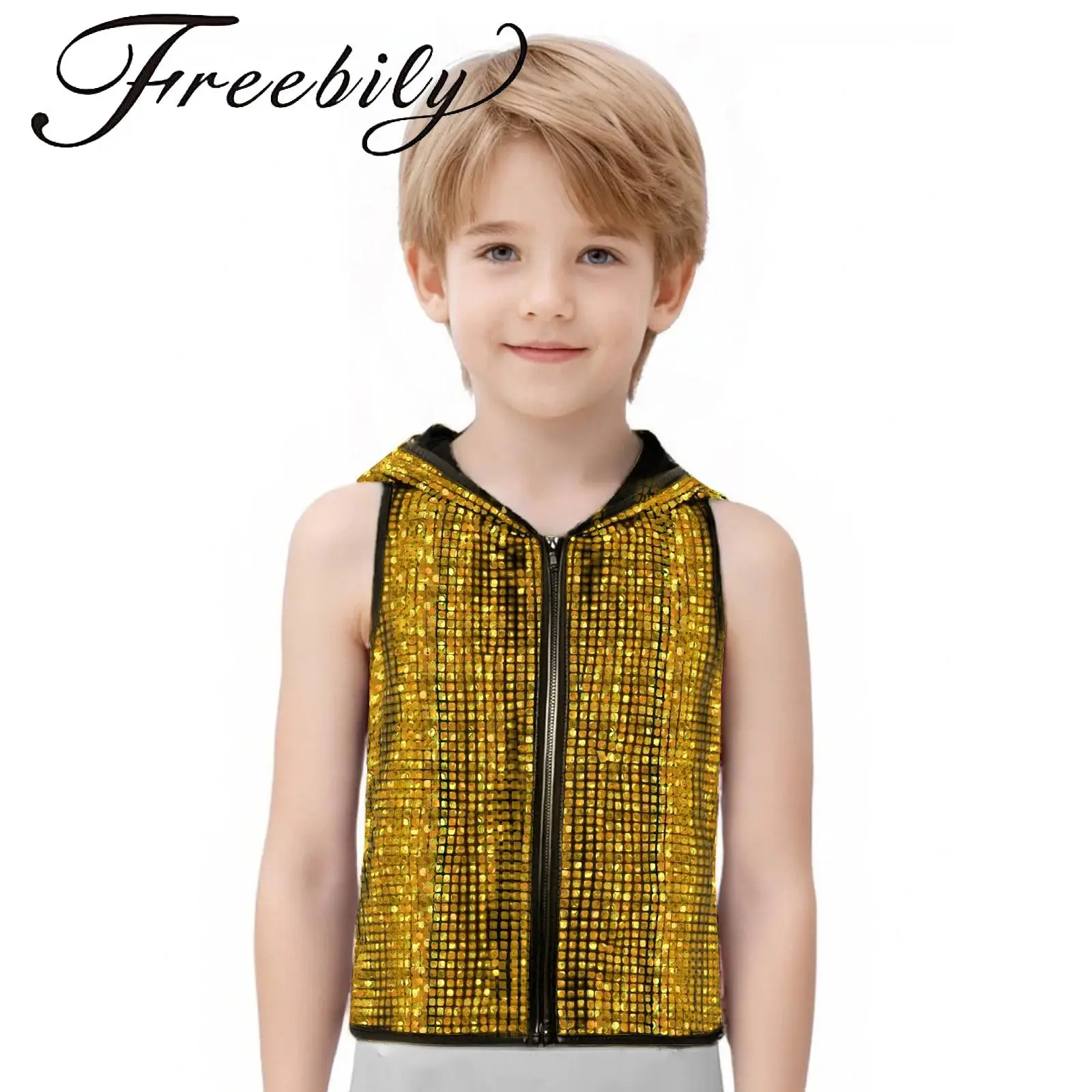 

Kids Boys Girls Metallic Plaid Racer-Back Hooded Vest Sleeveless Zipper Waistcoat Dance Performance Party Costume