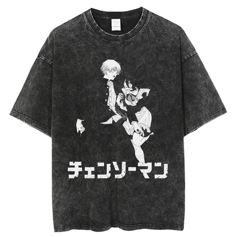 2025 Vintage Washed T-shirt Japanese Anime Chainsaw Man Summer Casual Short Sleeve Unisex Tees Streetwear Casual Harajuku