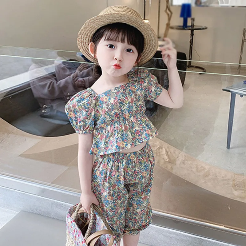 Kids Girls Casual Summer Clothing Sets Outfits for Girls Toddler Floral Print Puff Sleeve Tops+Pant Fashion Children Clothes