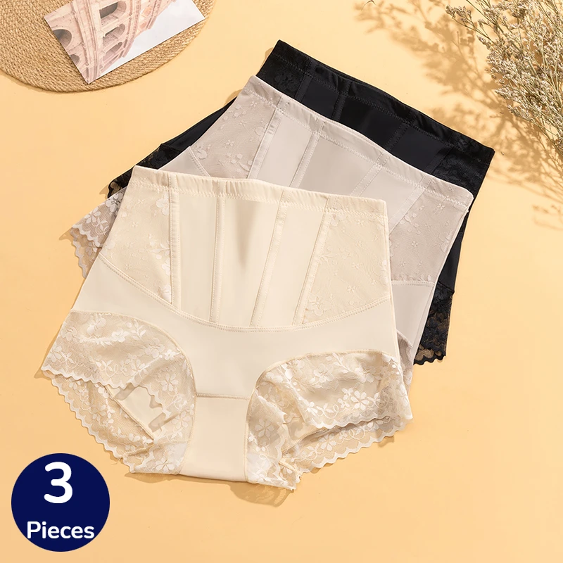 TrowBridge 3PCS Women's Shaper Panties High-Waist Lace Sexy Lingerie Abdominal Tightener Female Briefs Fishbone Waist Slimming