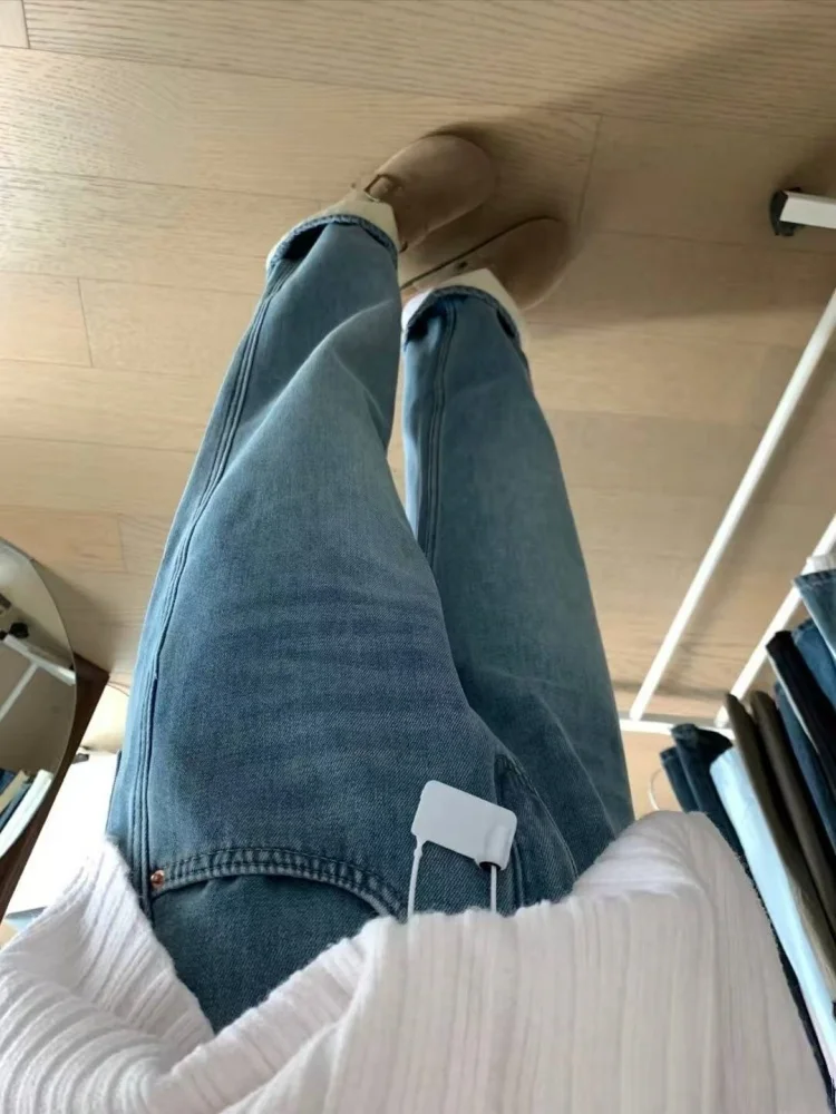 حجم كبير Thiened Fce عالية الخصر الجينز المرأة الشتاء فضفاض بنطال ذو قصة أرجل واسعة مستقيم قطع الطابق طول بنطلون