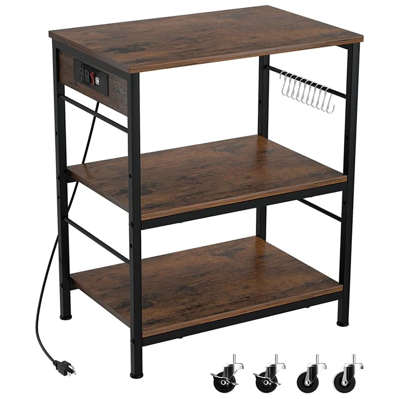 Bakers Rack with Power Outlet Microwave Stand Cart 3 Tier Coffee Bar Table Kitchen Storage Shelf Rack with 10 S-Shaped Hooks