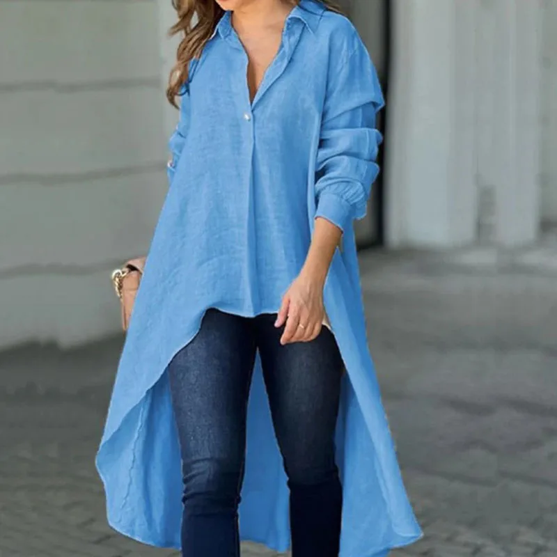 Women Casual Long Sleeves Solid Irregular Blouses Elegant Turndown Collar Long Shirts Office Fashion Single-breasted Loose Tops