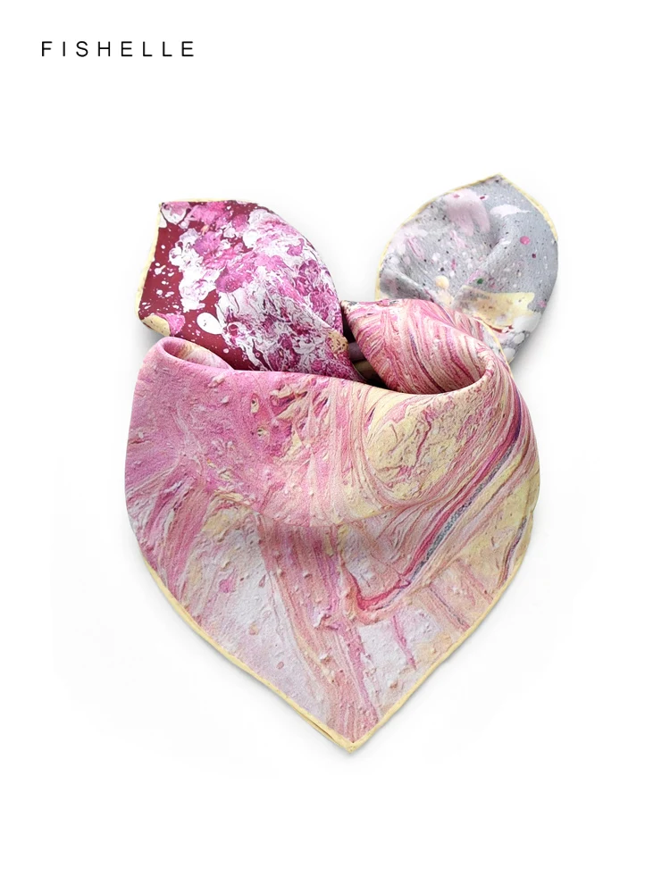 Oil painting pink small square twill pure silk scarf headscarf lady scarves foulard women hijab wrap spring autumn