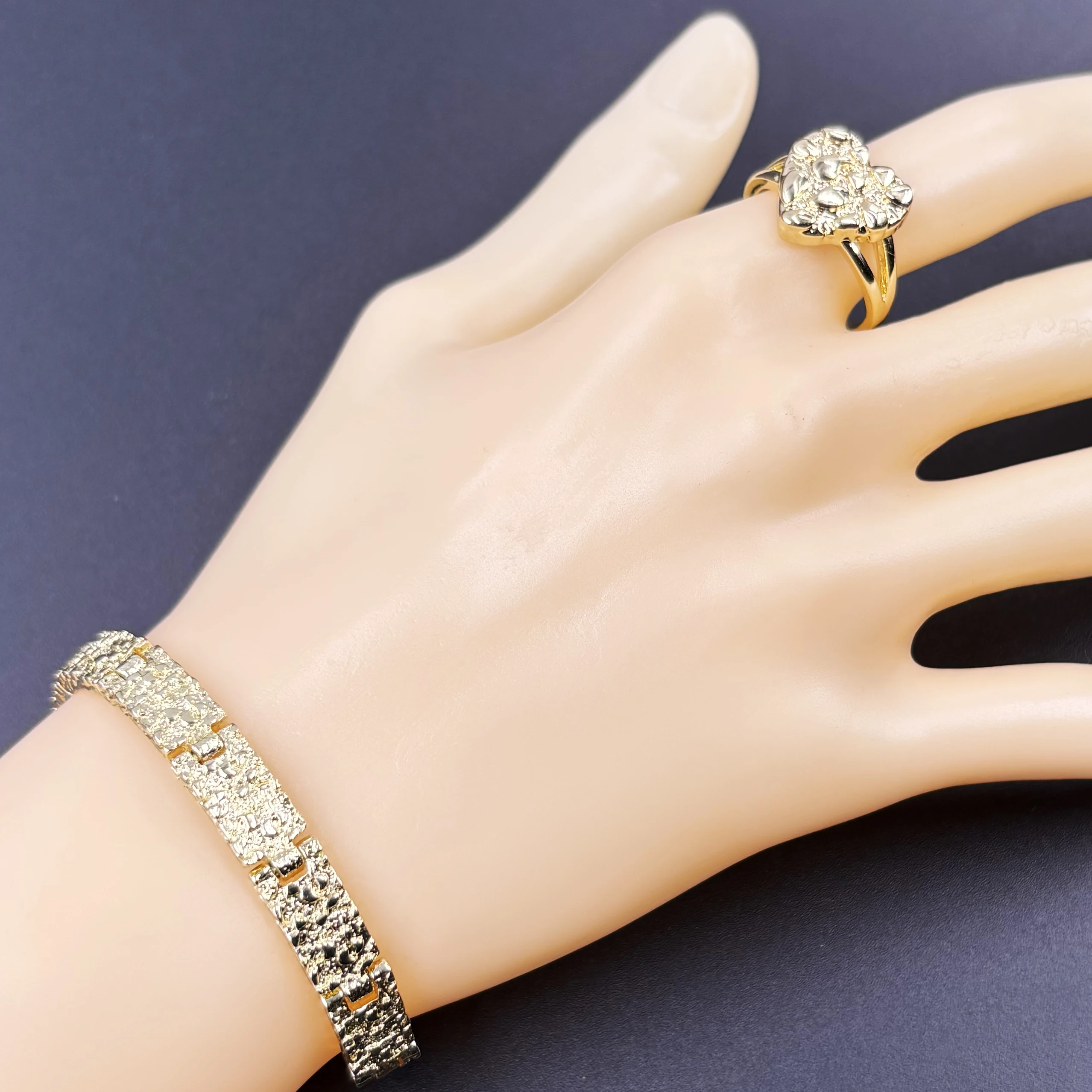 

nugget rings heart shaped with nugget bracelet textured cookie fashion jewelry set for women 14k gold plated punk roll style