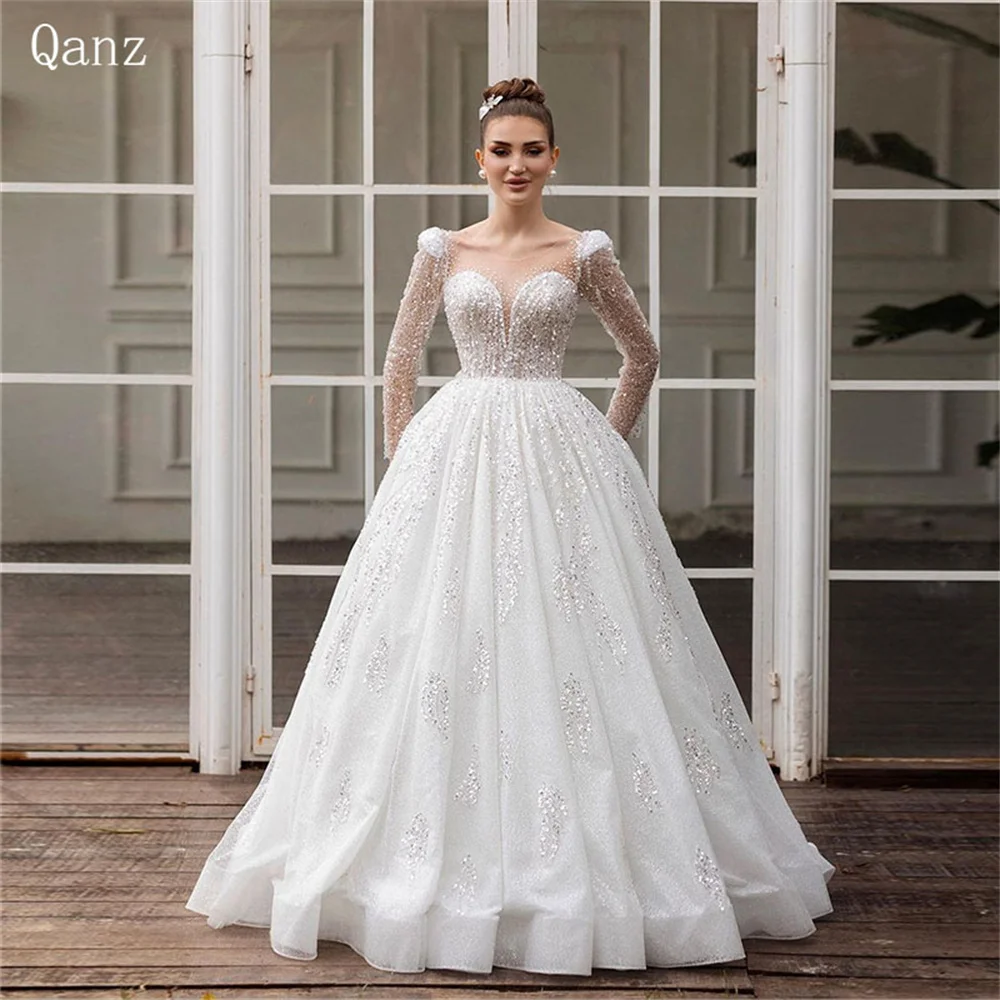 

Qanz White Ball Gown Sparkle Sequined Crystal Floor Length Wedding Dresses Long Sleeves Princess Vestido De Noiva Casamento