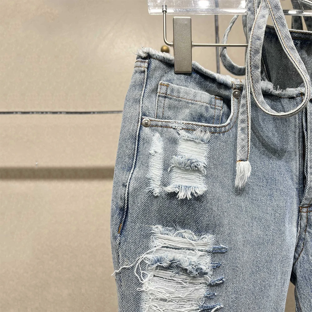 Jean délavé Vintage en coton pour femme, pantalon déchiré à jambe droite avec accents de strass découpés, nouvelle collection automne/hiver 2025 Y2K