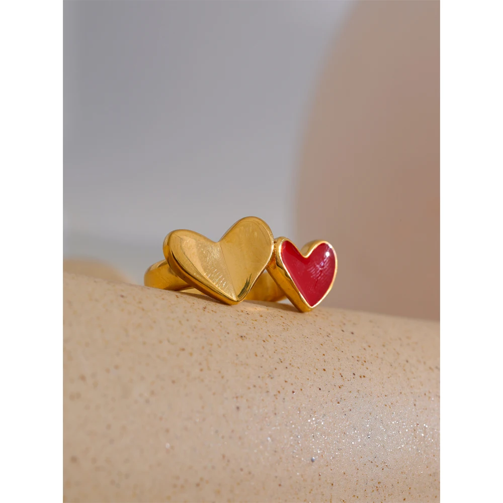 Yhpup 678# Stainless Steel Red Enamel Heart Stylish Ring 18K Gold Color Plated Romantic Valentine\'s Day Gift Smooth Jewelry