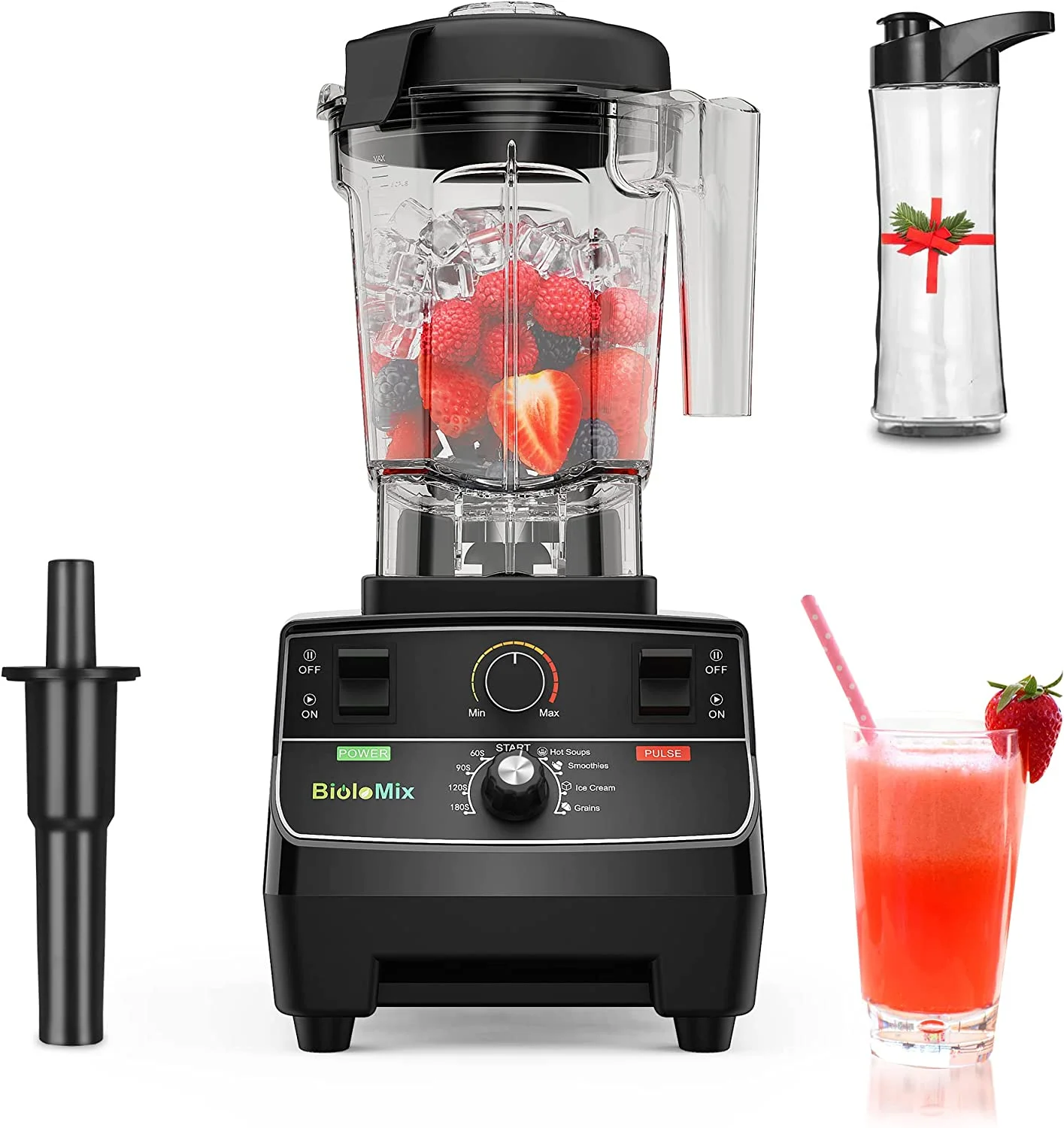 BioloMix 2200W Professional Smart Timer Pre-programed Blender, 2L round jar, Mixer Juicer Food Processor Ice Smoothies Crusher