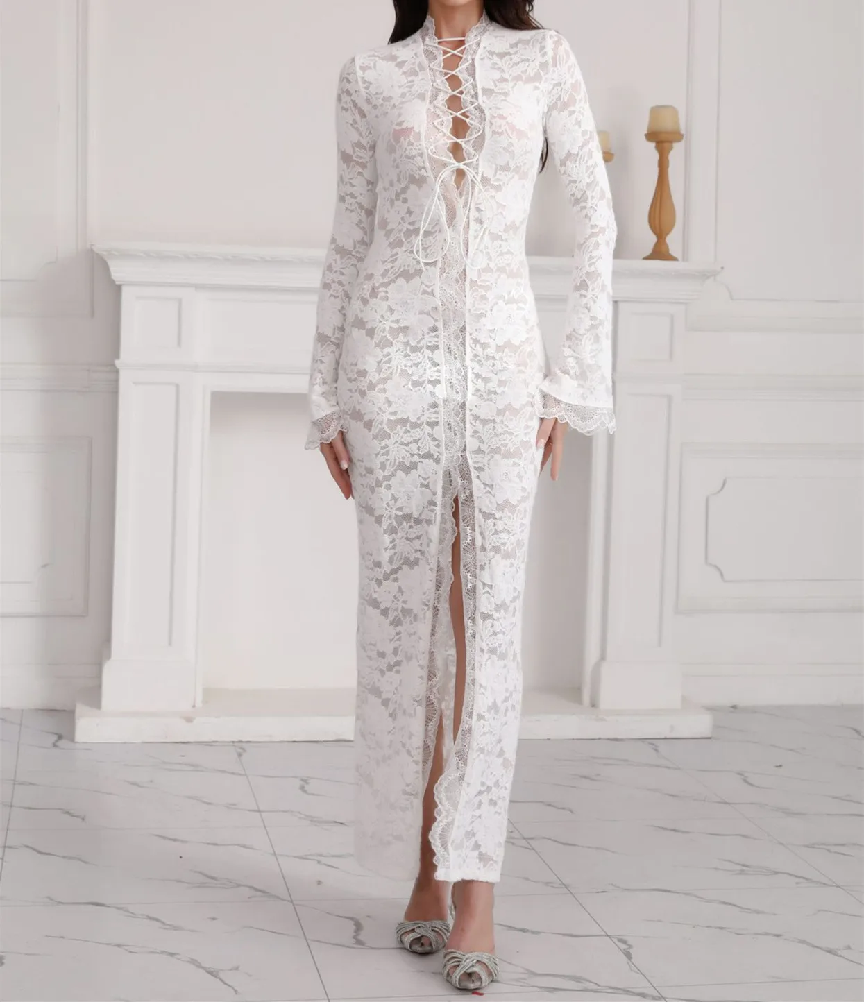 Abito sexy alla caviglia con scollo a V a maniche lunghe di nuova moda con lacci tinta unita slim fit tubino in pizzo trasparente con spacco per le donne