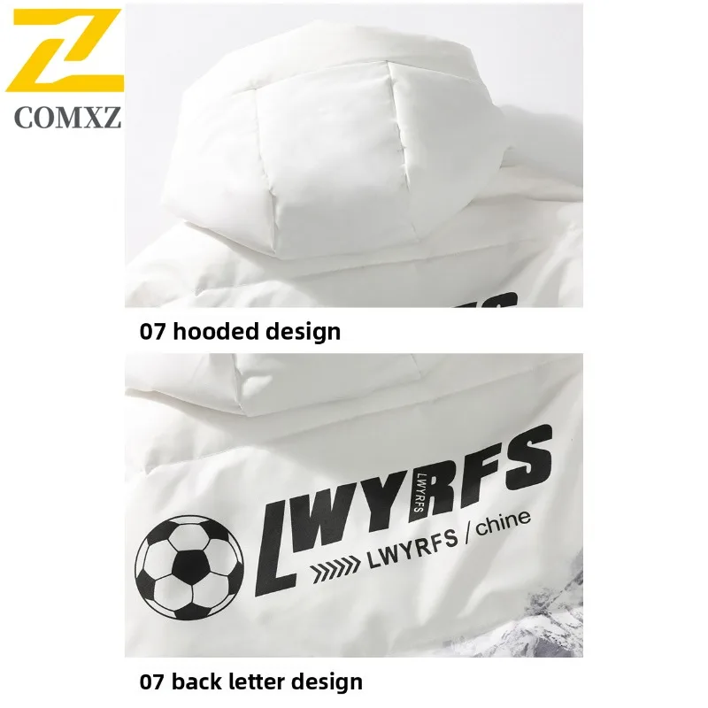 COMXZ Luxury Mens Down Jacket Print Design Hooded Outdoor Riding Lightweight Parka Fashion Camping Warm Windproof Winter Coat