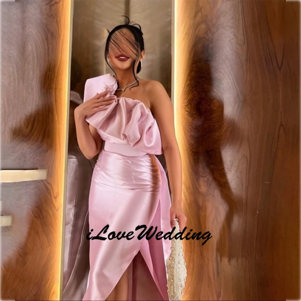 Abito da sera arabo lungo rosa vintage personalizzato con abiti da ballo pieghettati alla caviglia con volant dritto e monospalla per le donne