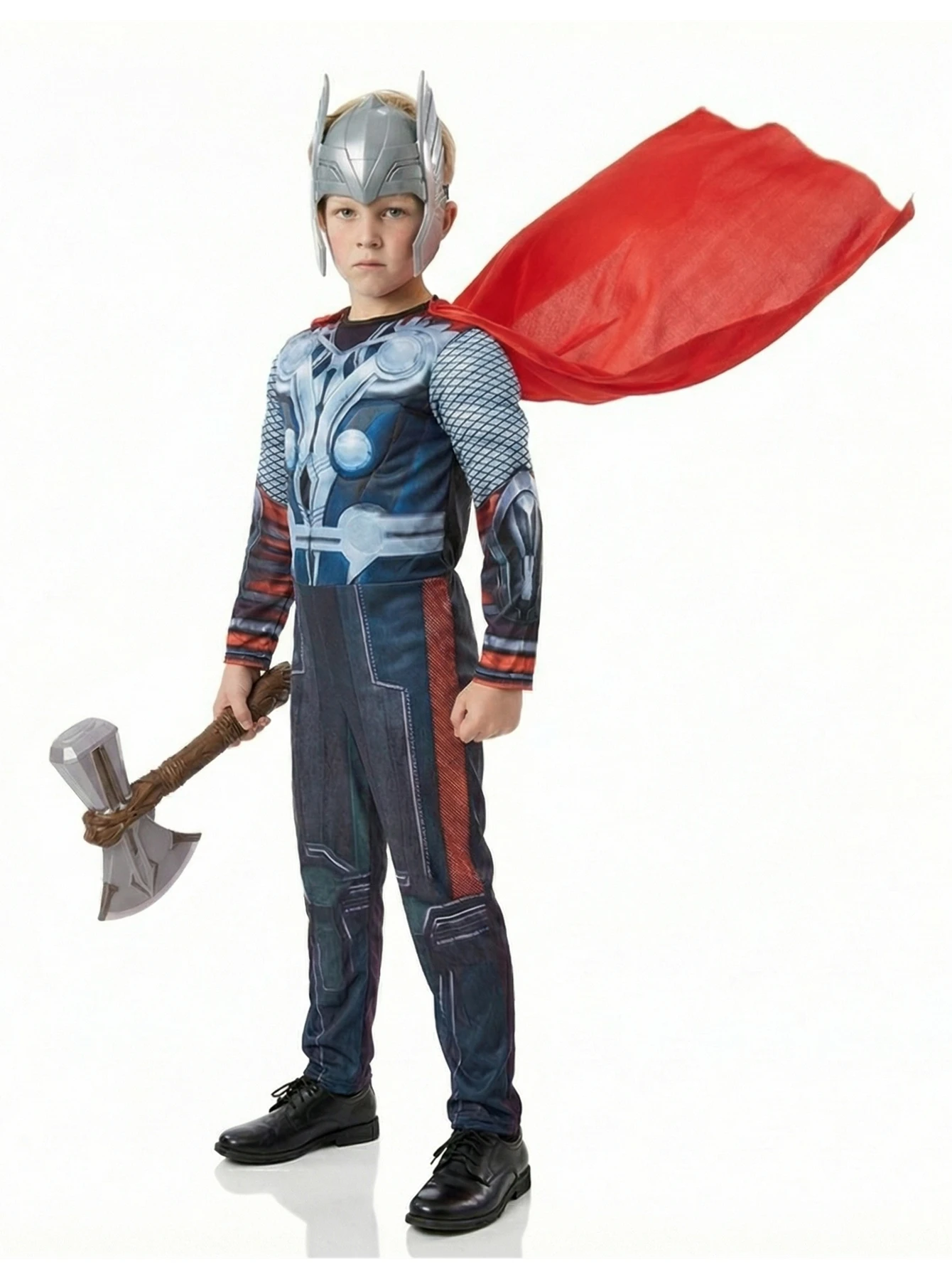 Kostium Thor dla dzieci, peleryna superbohatera z maską, kombinezon na Halloween, imprezę cosplay, przebranie dla chłopców i dziewcząt, strój świąteczny z plastikowym młotem. — zdjęcie 2