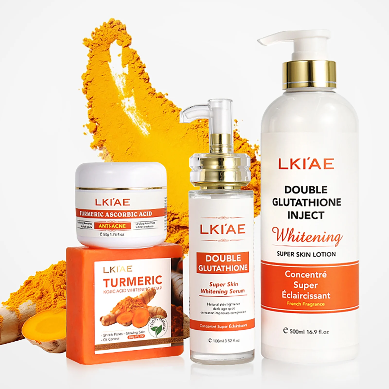 

Turmeric Brightening Combo Double-Glutathio Kojic Acid Whitening Range, Reduce Dark Spots, Acne, Radiant Skin Care Set