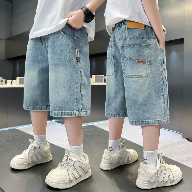 UNITIM Summer Children Boys Shorts Stickers Pockets Junior Boys Denim Shorts 4-14Yrs Thin Breathable Short Pants Jeans for Boys