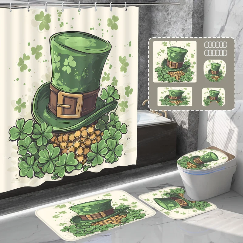 1PC/4PCs St. Patrick's Day shower curtain set, waterproof polyester material, with green hat and four-leaf clover design, includ