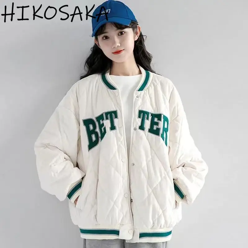 

Streetwear Harajuku Casual Korean Baseball Jacket Loose Letter Embroidery Loose Thick Coats Autumn Winter Warm Argyle Parkas