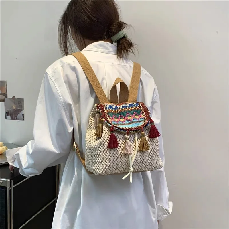 Ladies Short Distance Travel Fashion Light Large Capacity Tassel Embroidery Line Ethnic Wind Backpack Leisure Walking Small Back