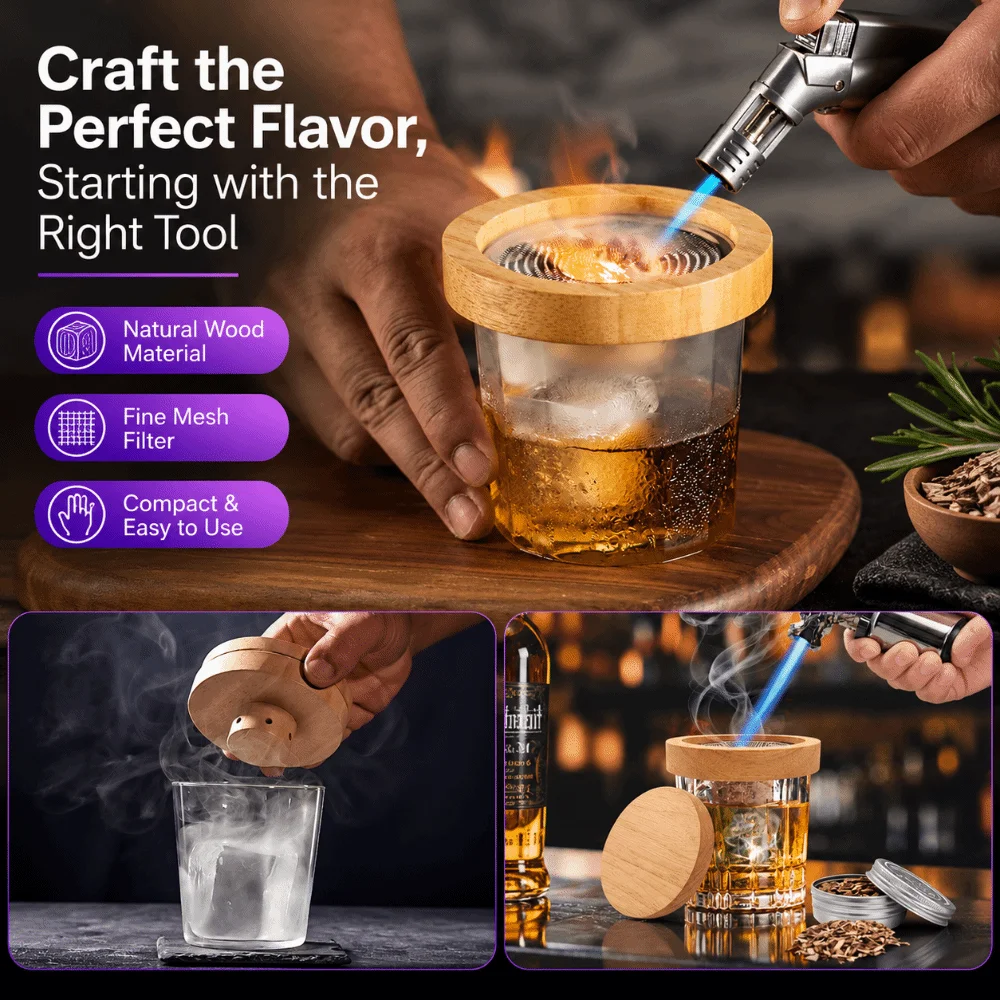 Solid Wood Cocktail Smoke Tool Mesh Filter Bar Craft Fit Solid Wood Box Detach Structure Smoke Dome Bar Mix Gear