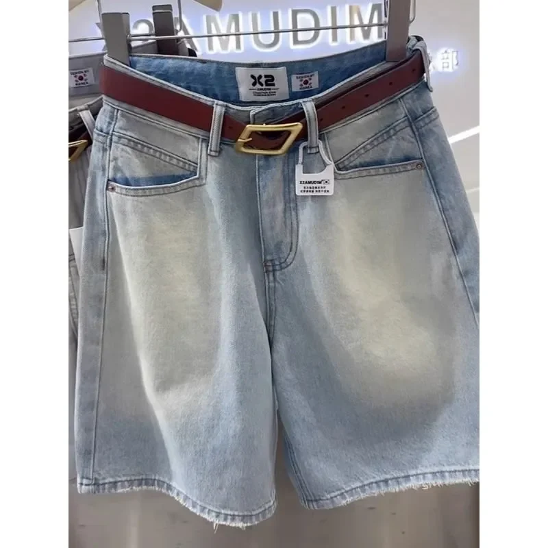 

Women's Vintage Light Blue Denim Shorts High Waist Loose Straight Casual Summer Short Jeans