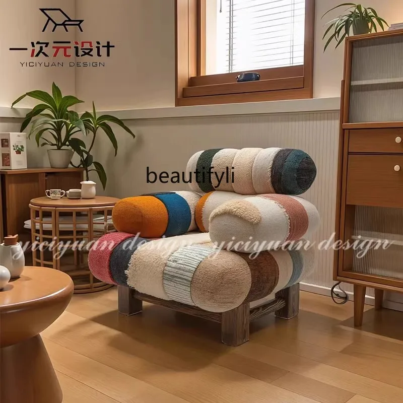 Nordic style solid wood leisure sofa chair small apartment living room patchwork soft bag sofa bedroom model room