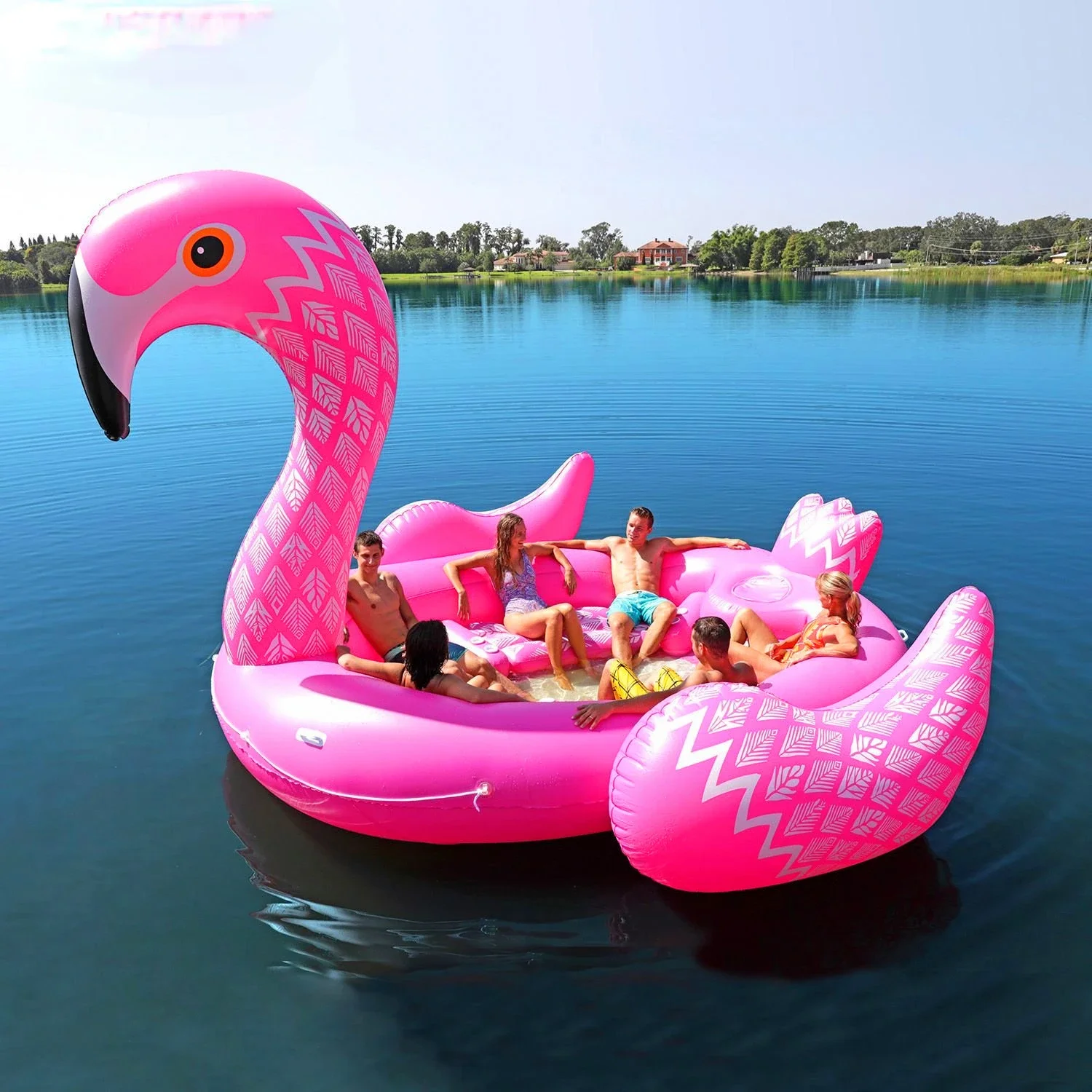 Produsen langsung persediaan besar 6 orang tiup flamingo pulau mengambang air unicorn ke pulau Shanghai rakit mengambang