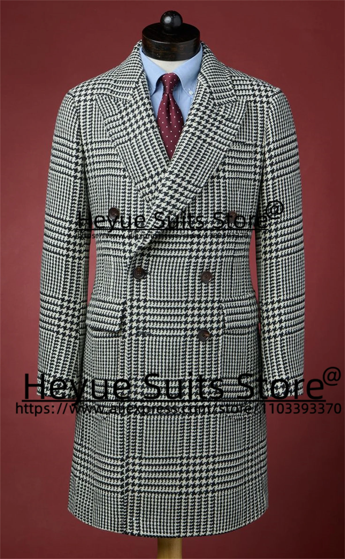 Setelan Pria gaya panjang Houndstooth, setelan jas klasik pria, gaya panjang, Slim Fit, kancing dua baris, 3 buah, bisnis, kostum Blazer pria, Homme