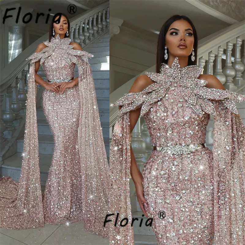 Glamorous Dubai Pink Sequin Beaded Formal Evening Dress with Cape Sleeve Sparkly Mermaid Red Carpet Party Gowns Robe de mariee