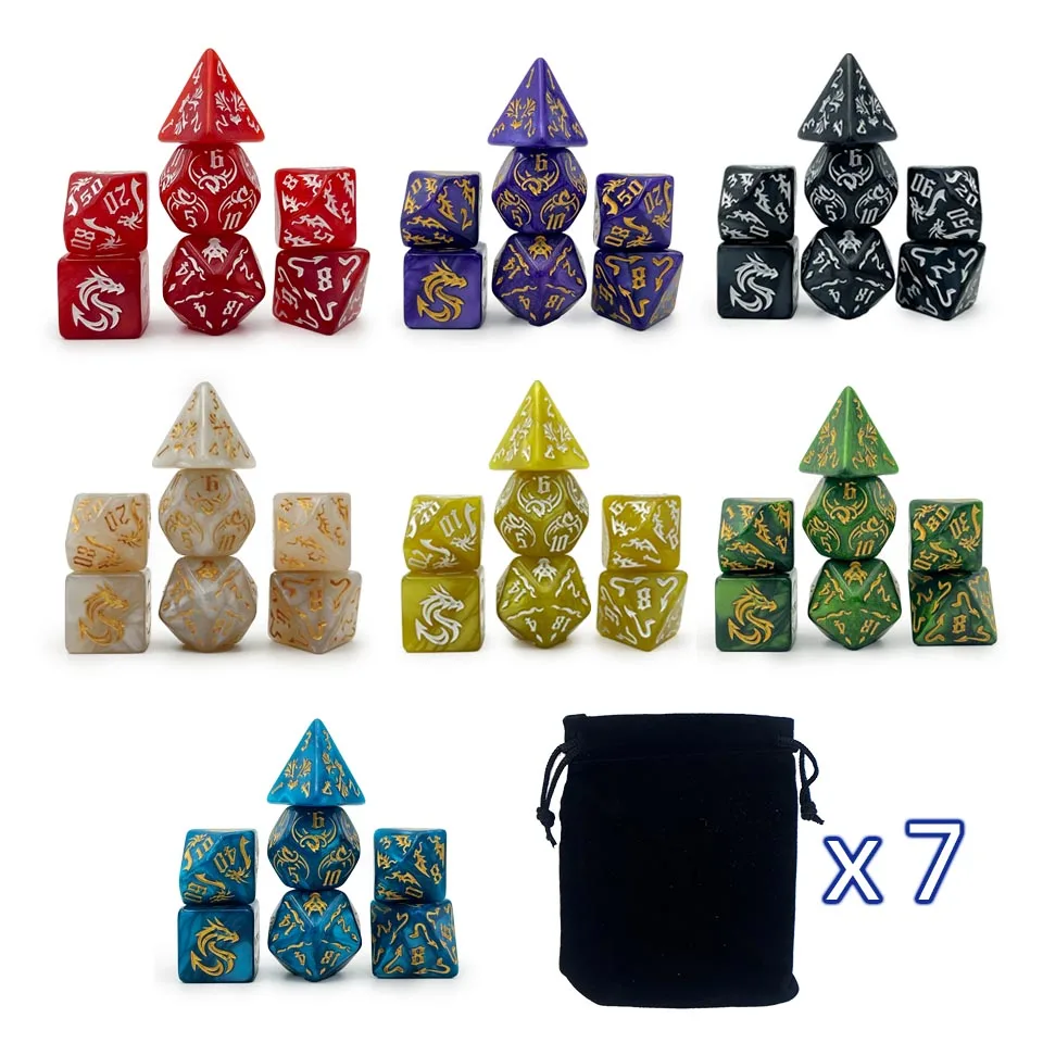 49 Pcs Acrylic TRPG Polyhedral Dice Pattern of The Dragon Pearl Colorful For DND COC Board Role-Playing Game