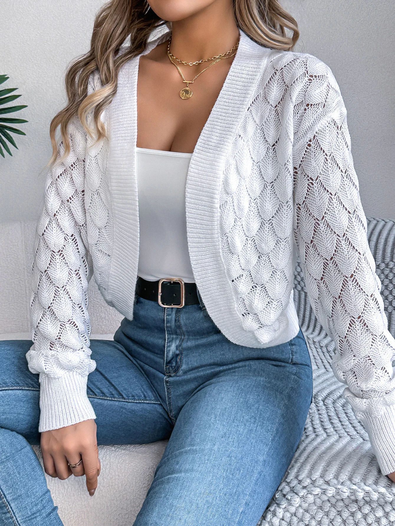 2025 Color sólido calado linterna manga larga cárdigan suéter Chaqueta corta Otoño Invierno mujer suéter Tops suéteres
