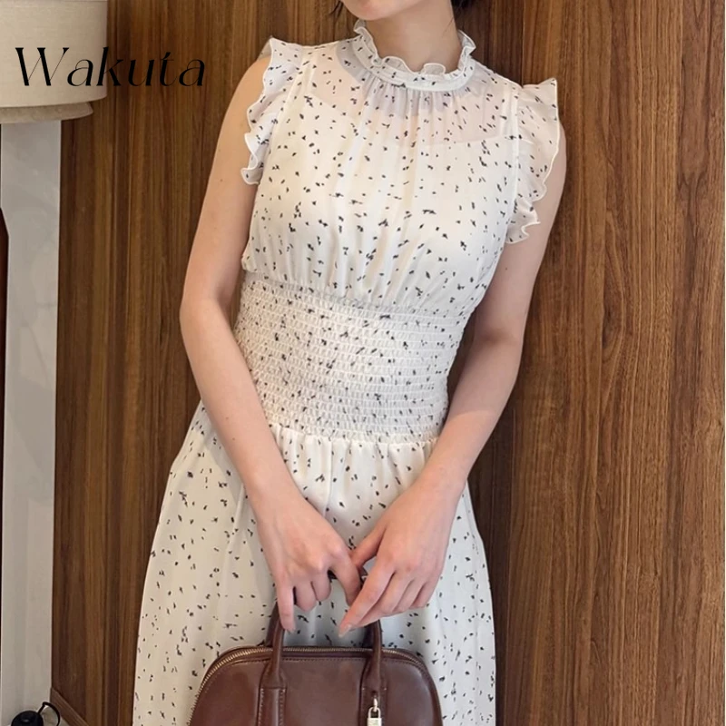 WAKUTA 日本の夏万能ニットヴィンテージカラーバッグ半袖トップハイウエストプリーツ半身スカート 2 点セット Y2k