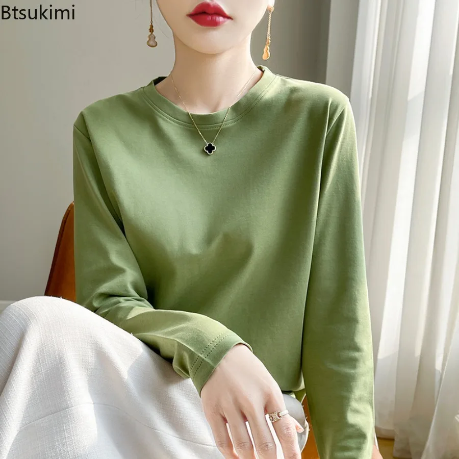 Women Spring Autumn Round Neck Long Sleeve T Shirt Loose Solid Color Basic Top Soft Breathable Casual Daily Base Top for Ladies