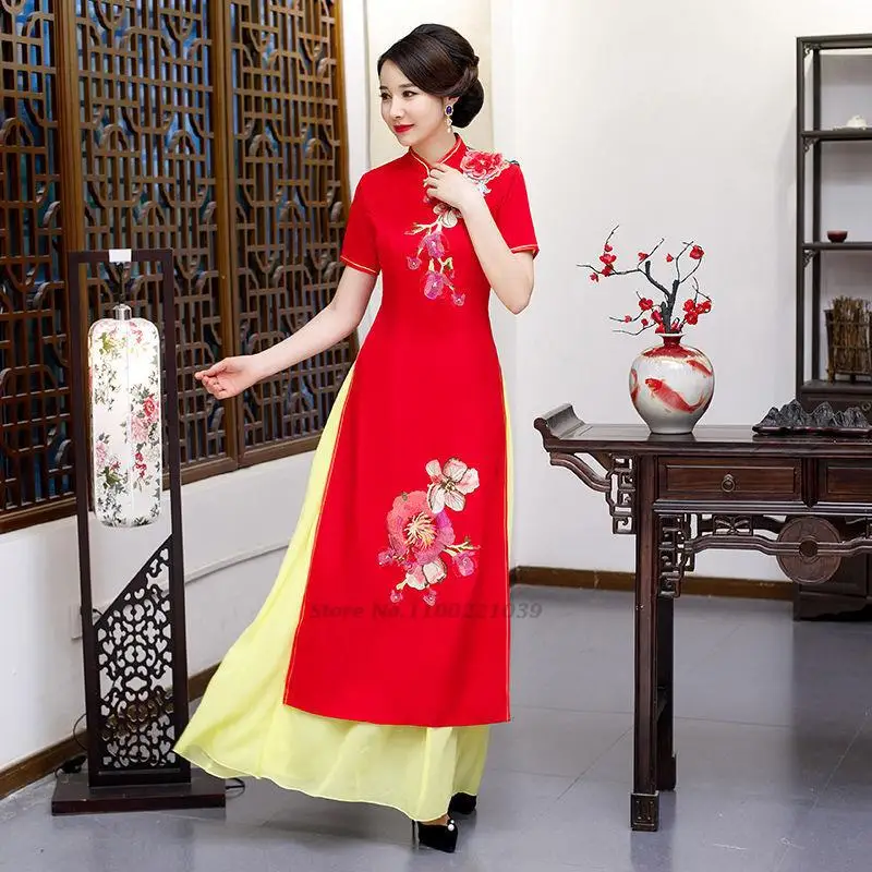 2025 vietnamese aodai vietnam cheongsam folk style qipao chinese flower embroidery dress women traditional floral ao dai dress