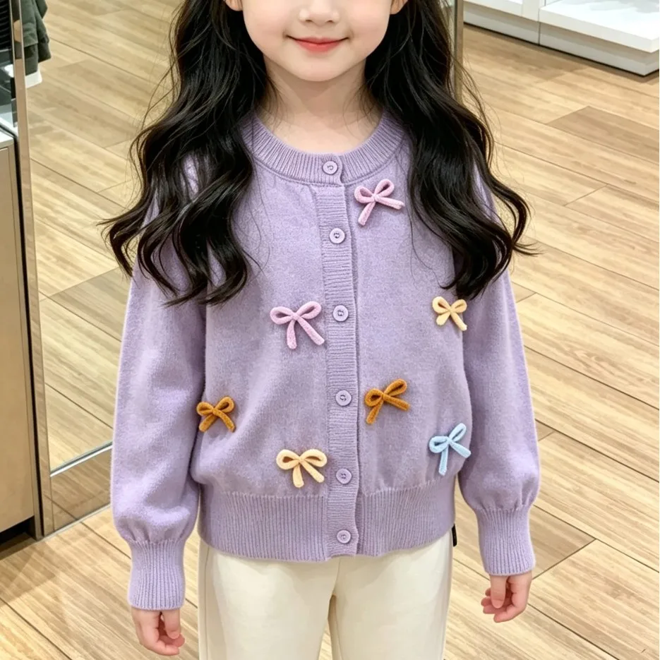 2026 Autumn Girls Purple Knit Cardigan Round‑Neck With 3D Colorful Bow Decor Stylish Sweater Outerwear for Little Girls