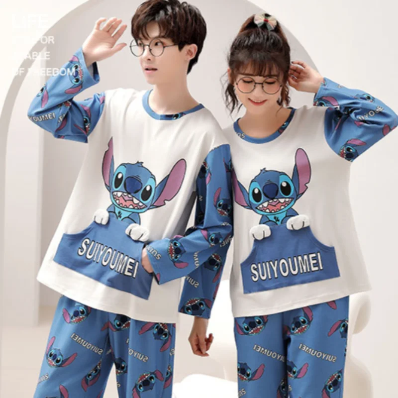 Cartoon Disney couple pajamas men\'s/women\'s pure cotton Stitch autumn two-piece set Stitch women\'s pajamas loungewear